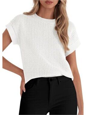 Knit Sweater Vest Tank Top, Crochet Crewneck Cap Sleeve